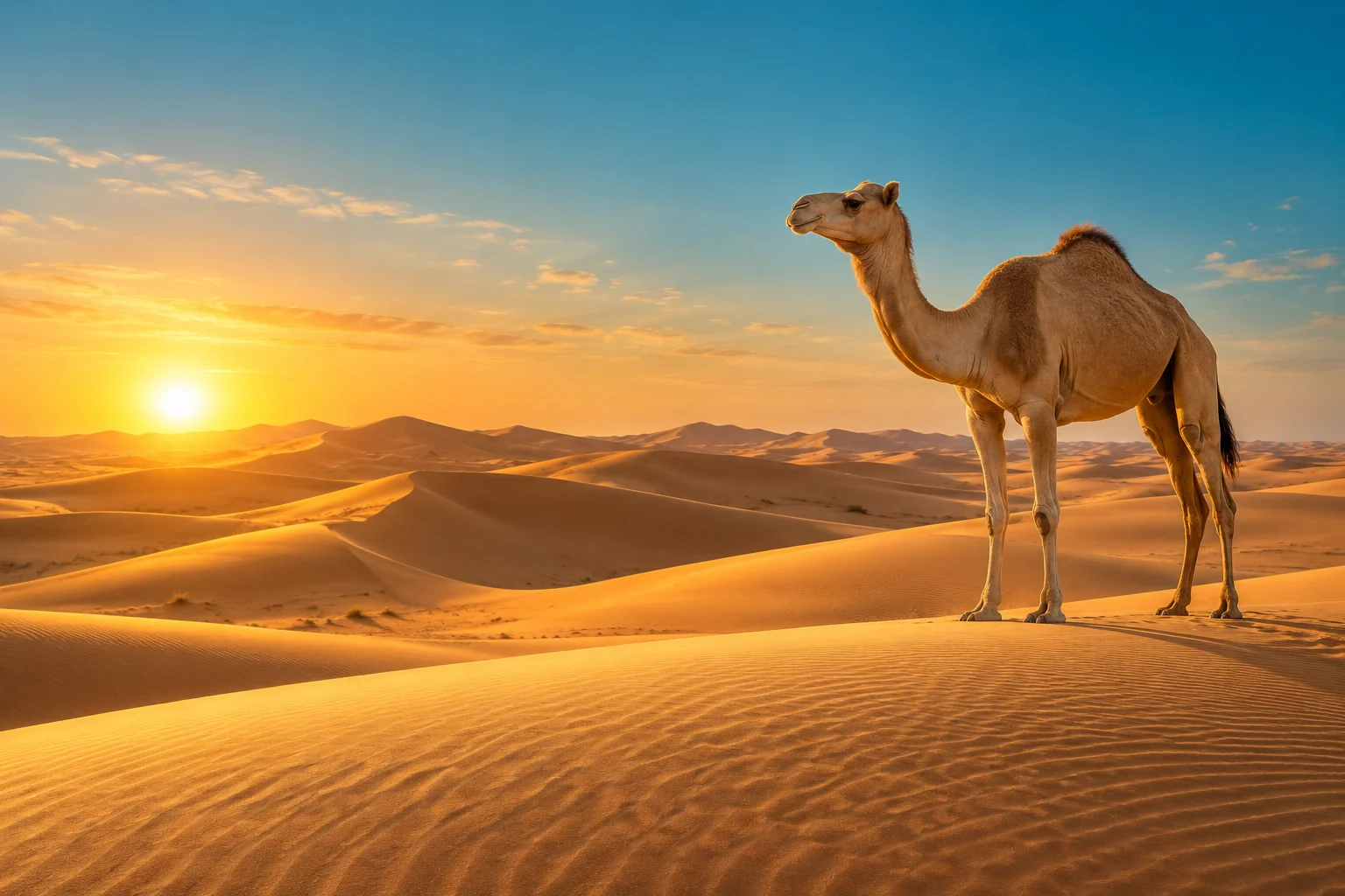 A camel among sunlit desert dunes