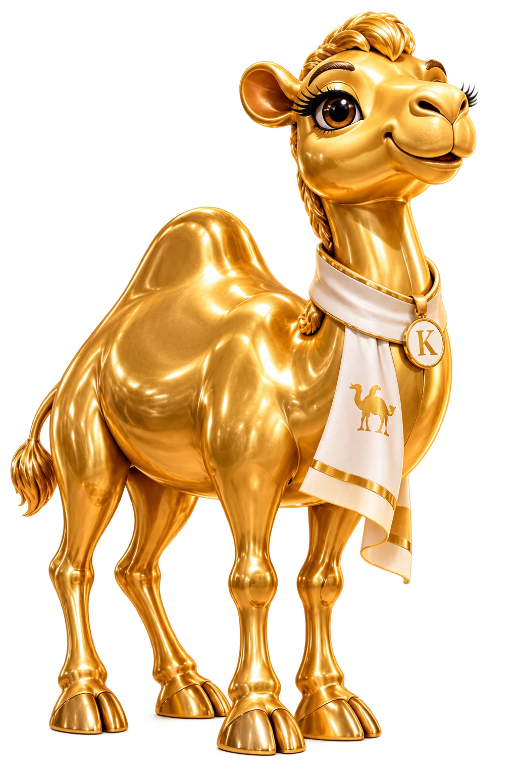Kimo, the Kamelish gold camel mascot, wearing a white and gold scarf