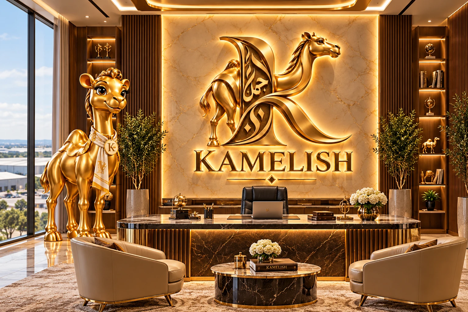 Illustrative Kamelish office brand concept with a gold camel, marble furnishings and gold wall logo